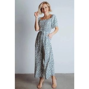 Baltic Born Blue and White Floral Jumpsuit with Flutter Sleeves